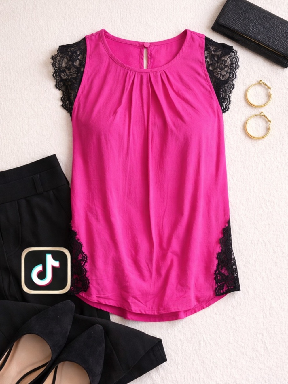 Nicole by Nicole Miller Hot Pink Lace Sleeve Blouse Top Small Rayon